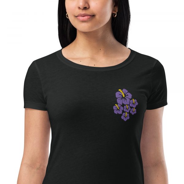 Purple Hibiscus Flower Embroidered T-Shirt